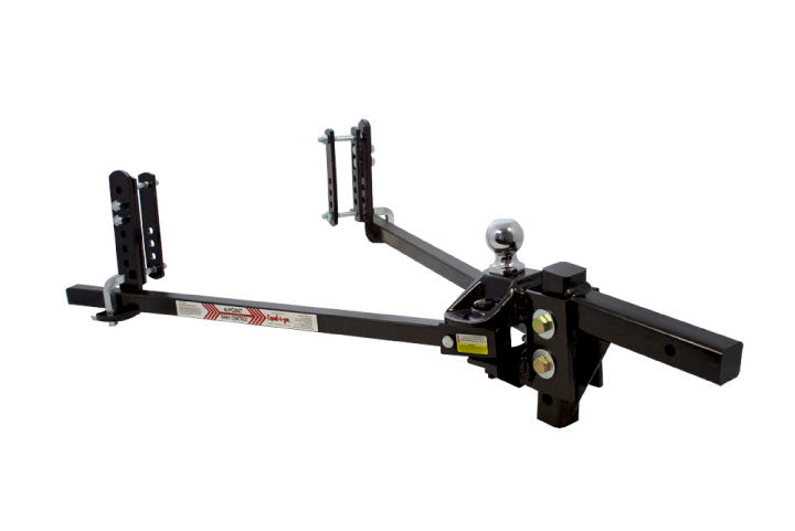 A black Equal-i-zer weight distribution hitch with a shank, designed for trailer towing.