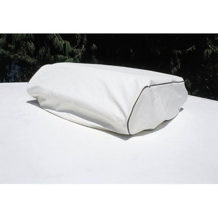 A white vinyl air conditioner cover with a contrasting welt cord and parachute drawstring, placed on a surface.