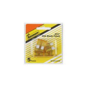 Packaging for a 20 Amp automotive blade-style fuse by Cooper Bussmann, displaying the product in a yellow and orange blister pack.