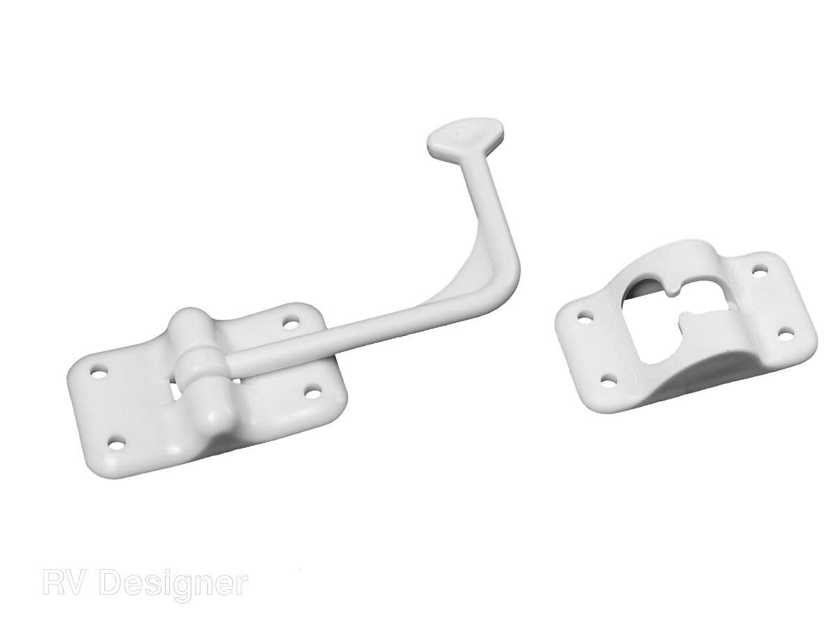 RV entry door held open with 90 degree door holder