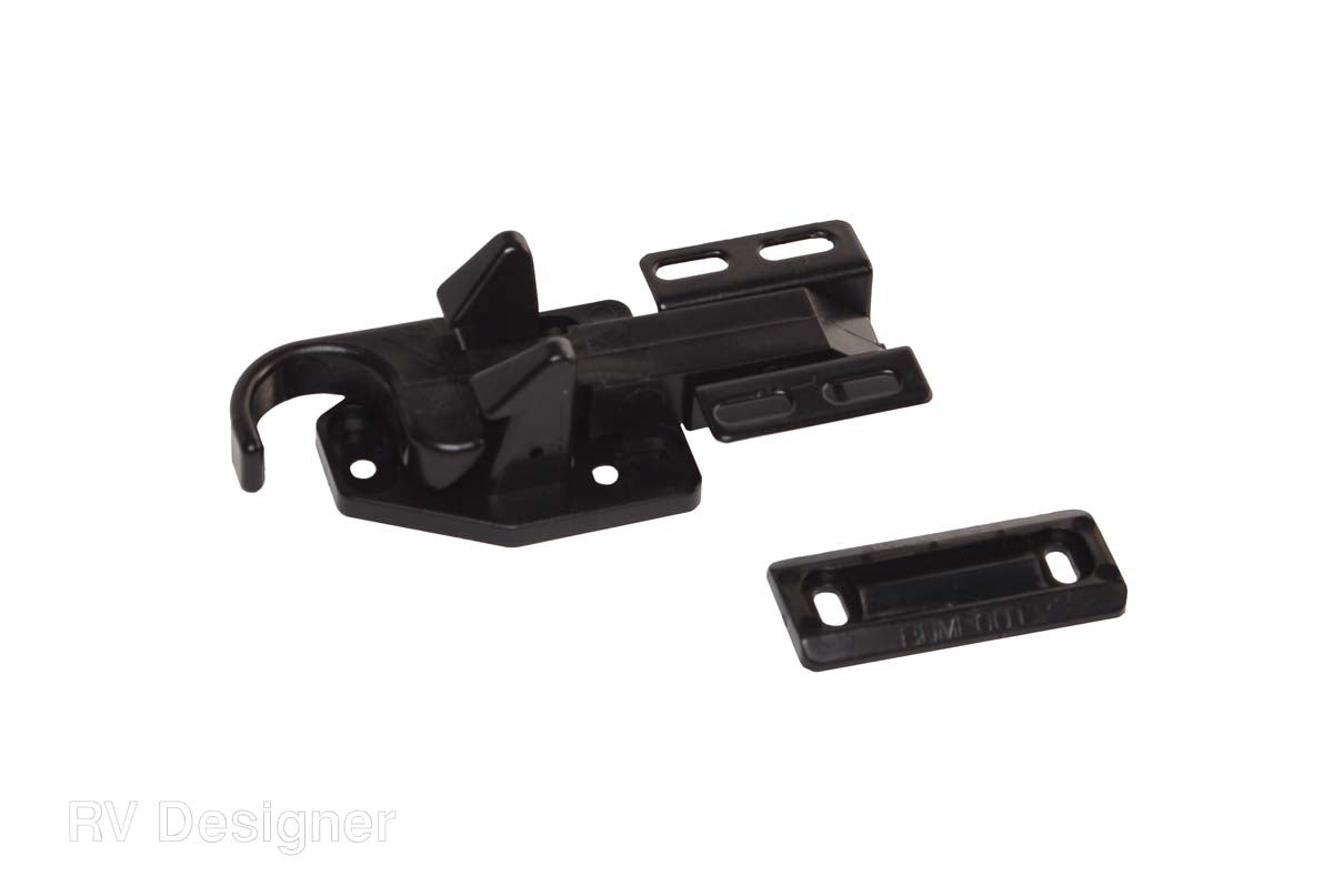 A black bullet style latch typically used for securing RV baggage doors, shown with fasteners, against a white background.