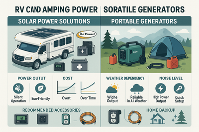 Guide comparing solar power and portable generators for RVs and camping, featuring Go Power solar kits, Onan generators, and recommended accessories for off-grid and home backup use.