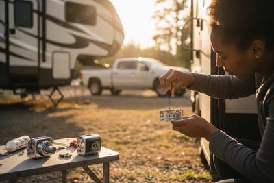 RV owner replacing a trailer door lock at a campsite