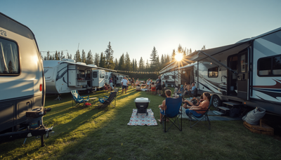 Group festival campsite with multiple RVs, outdoor games and string lights in Alberta Canada