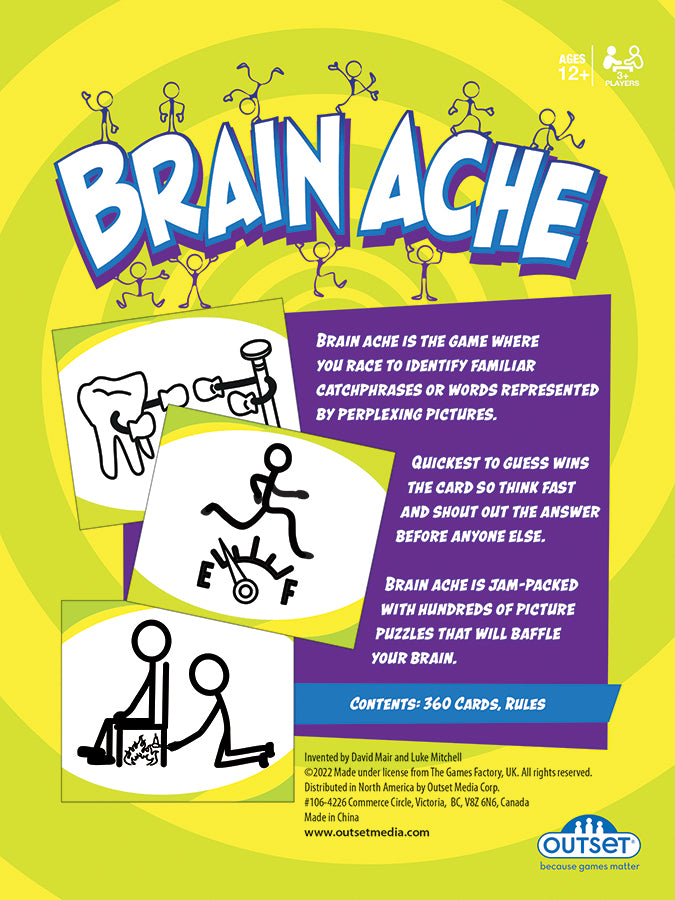 Brain Ache game cards with fun picture puzzles for family game night.