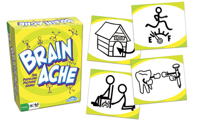 Brain Ache game cards with fun picture puzzles for family game night.