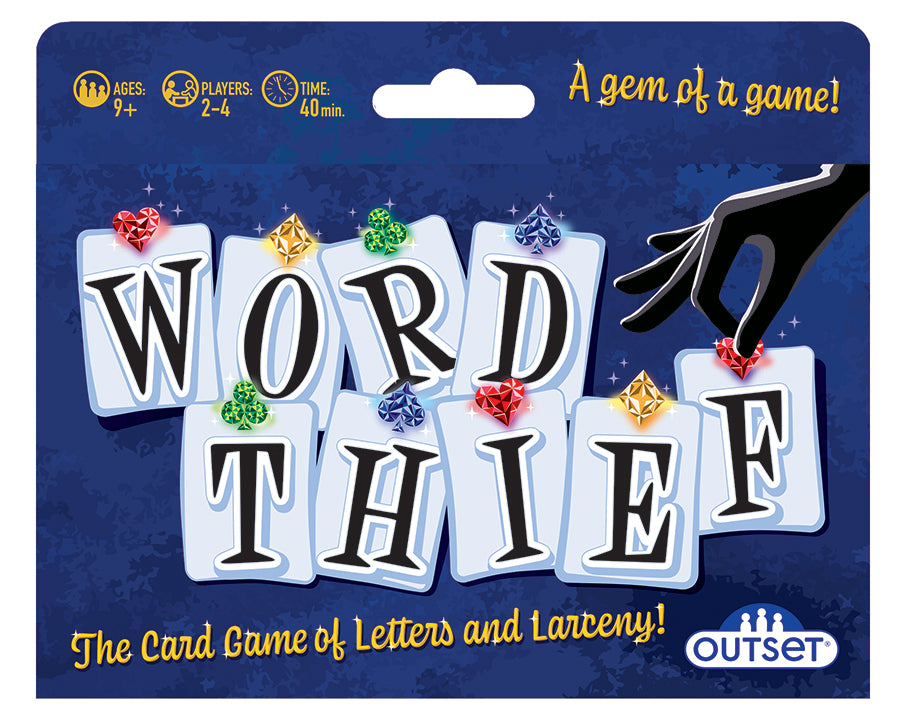 Word Thief Card Game box and letter cards set for family and kids, ages 9+