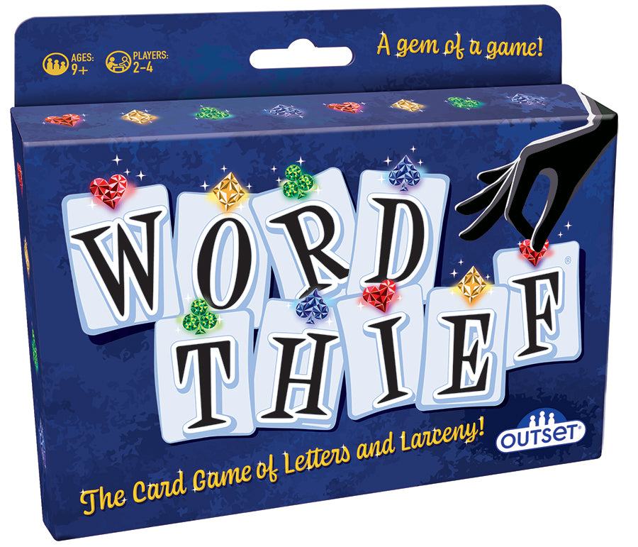 Word Thief Card Game box and letter cards set for family and kids, ages 9+