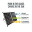 Solar panel with text about parking in shade and charging in sun on a white background
