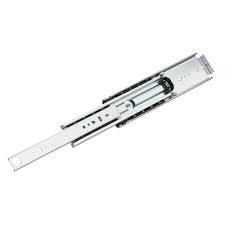 A silver metal cabinet drawer member slide.