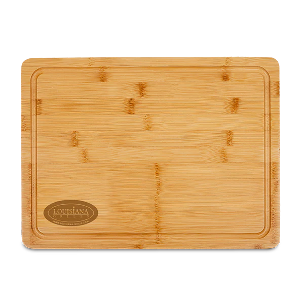 Bamboo cutting board with a visible brand logo on a white background