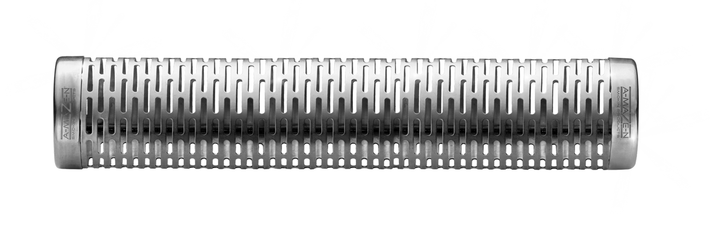 A 12-inch stainless steel tube smoker designed for use with grills and smokers.