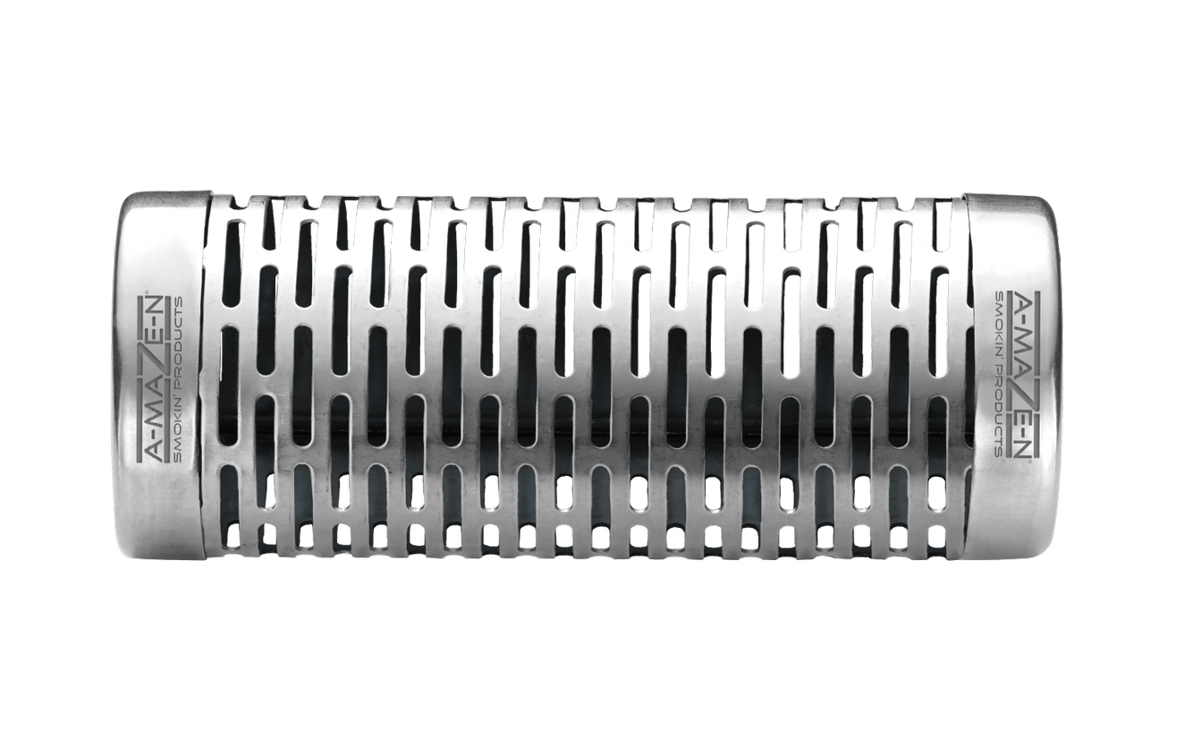 A close-up of a stainless steel tube smoker designed for use with pellet grills or smokers.