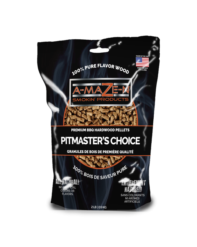 A-MAZE-N brand Pitmaster's Choice wood pellets packaging, black background with product name and brand prominently displayed.