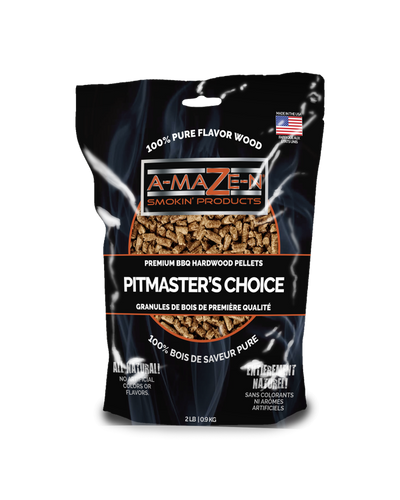 A-MAZE-N brand Pitmaster's Choice wood pellets packaging, black background with product name and brand prominently displayed.