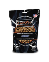 A bag of A-MAZE-N Hickory Wood Pellets, 2lbs, primarily black and blue in color with a picture of hickory wood chunks on the front.