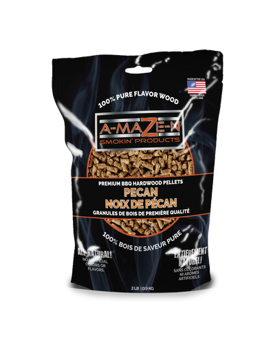 A bag of A-MAZE-N brand Pecan Wood Pellets, 2 lbs, primarily black and white with product information.