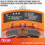 Orange electrical panel with LED indicators displaying operational status and protection modes, featuring the Arcon brand.