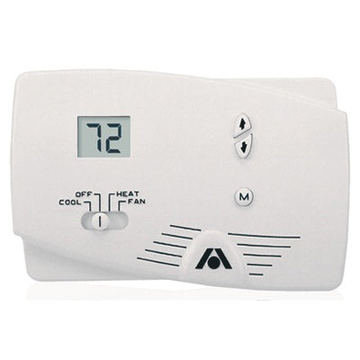 A white programmable thermostat control panel with a digital display showing 72, featuring buttons for up, down, and mode selection, along with labels for off, cool, heat, and fan.