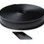 Roll of black trim molding with a sample piece on a white background