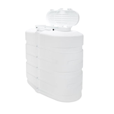 White plastic RV propane tank cover with lid on a white background