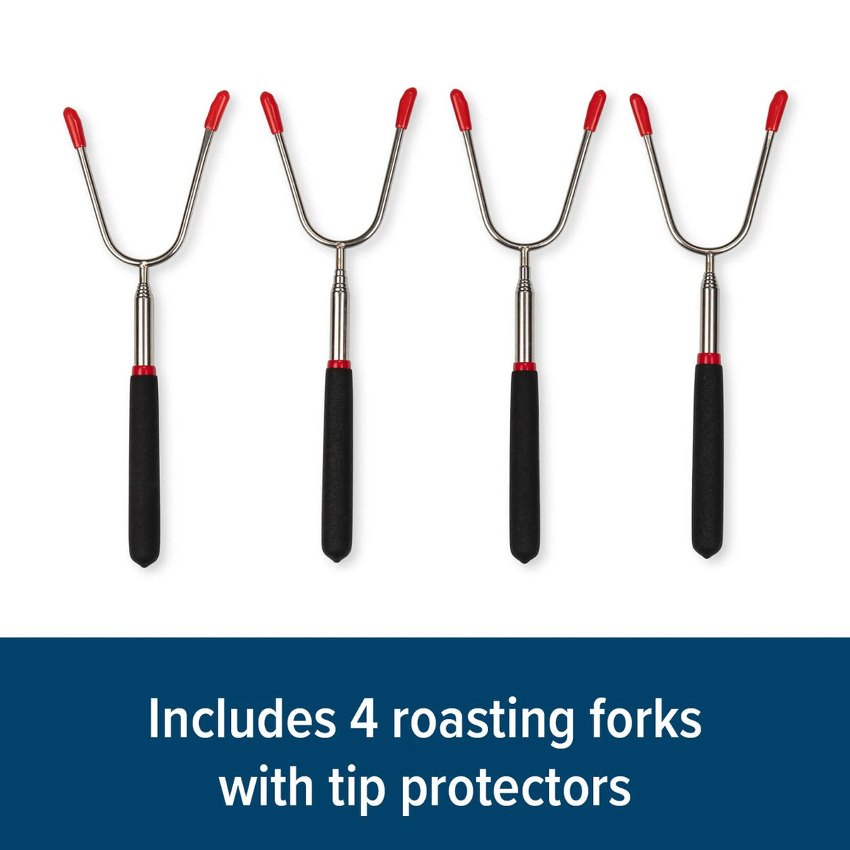 Five roasting forks with red tips and black handles on a white background, with text indicating they include four roasting forks with tip protectors.