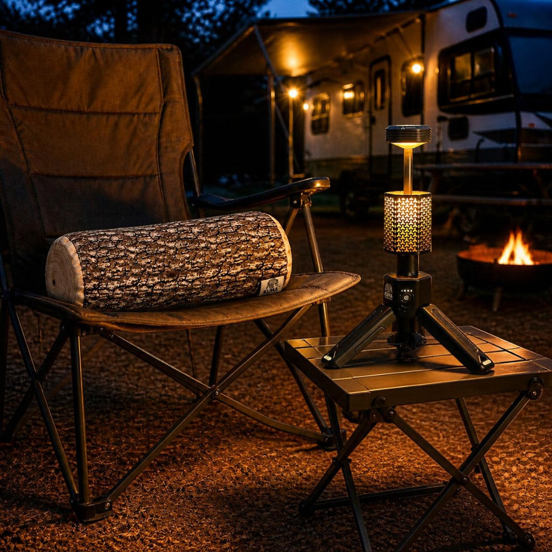 Trek ’N Glo rechargeable tripod lantern and Kuma Log Pillow creating a comfortable evening campsite setup beside an RV.