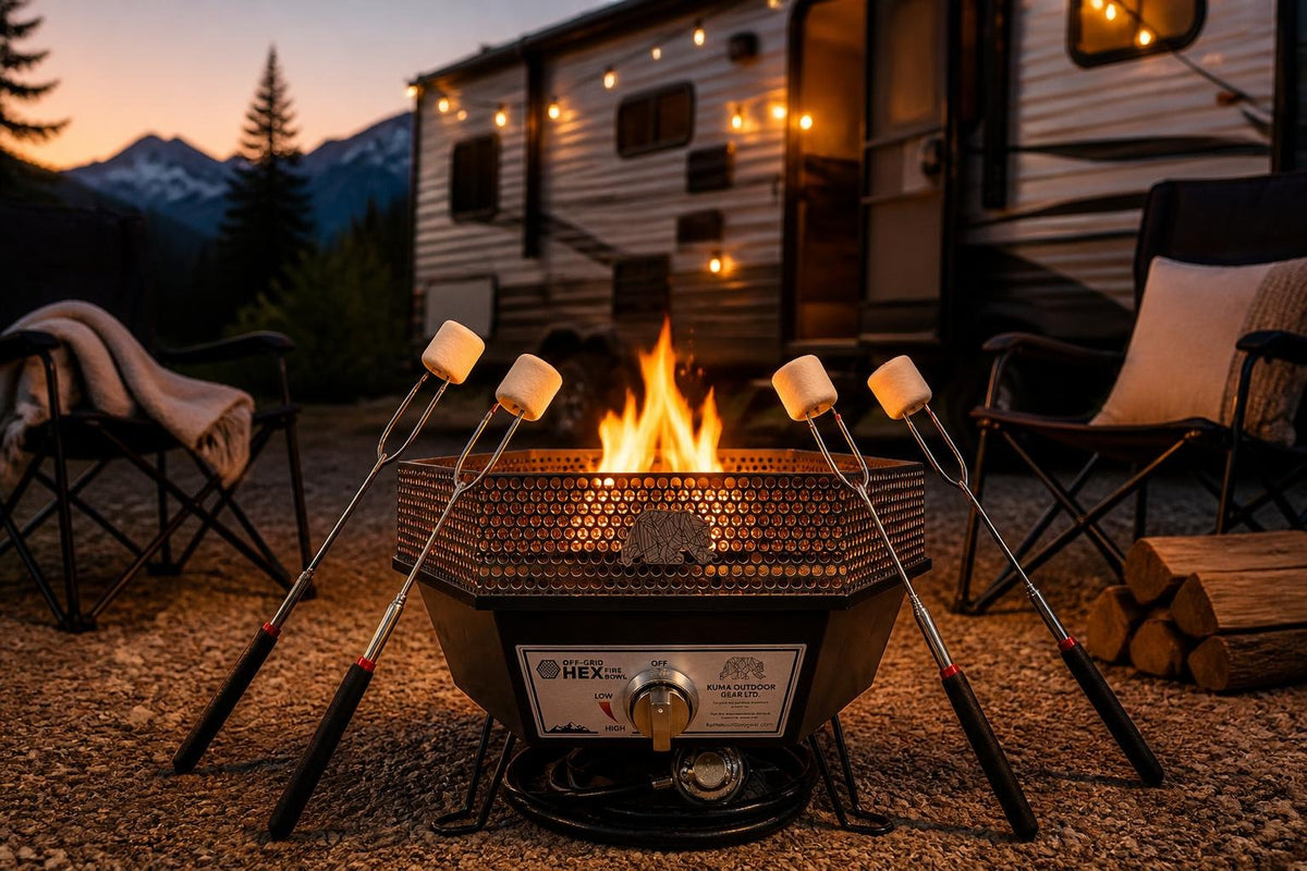 KUMA Off-Grid Hex Fire Bowl and Camco roasting forks creating a complete campfire experience at an RV campsite.
