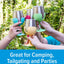 Four colorful wine glasses held by hands outdoors with a forest background and text 'Great for Camping, Tailgating and Parties'.