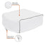 White pillow with black trim on a white background, featuring text labels about material and draw cord.