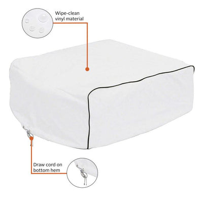 White pillow with black trim on a white background, featuring text labels about material and draw cord.