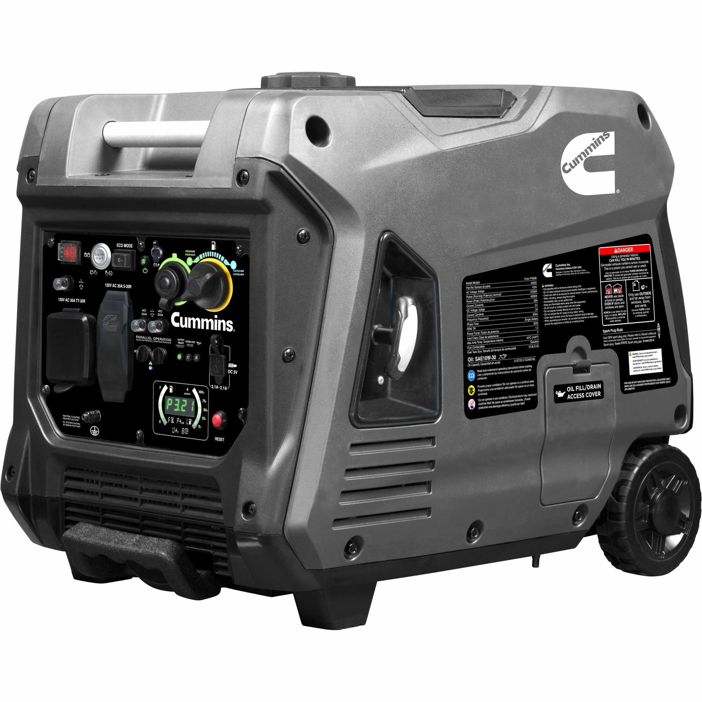 Gas and propane fuel ports on the Cummins ONAN P4500iDF generator