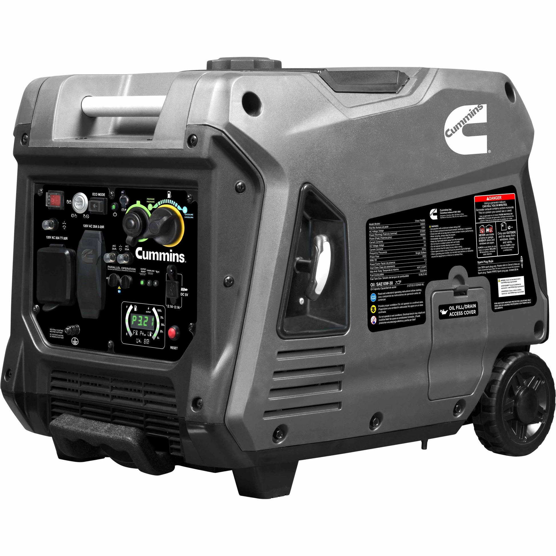 Gas and propane fuel ports on the Cummins ONAN P4500iDF generator