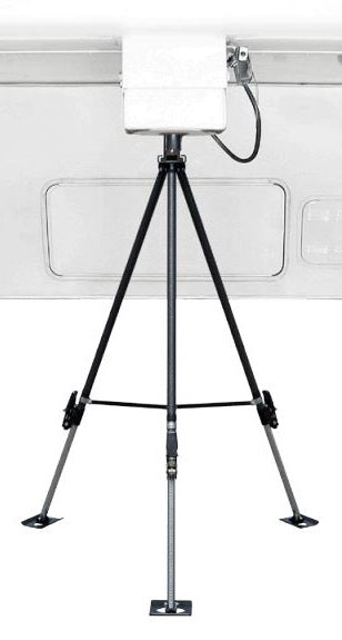 Black adjustable tripod RV stabilizer with lock for front-end stability
