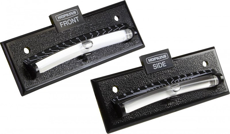 Two black plastic models of a RV bubble level with 'Hopkins' branding on a white background