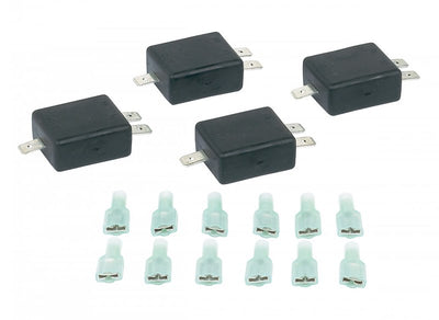 A set of black isolating diodes and green mating spade connectors.