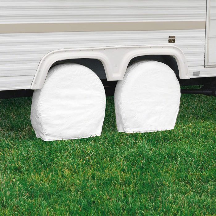 Classic Accessories Snow White tire covers for 37 to 41 inch RV wheels