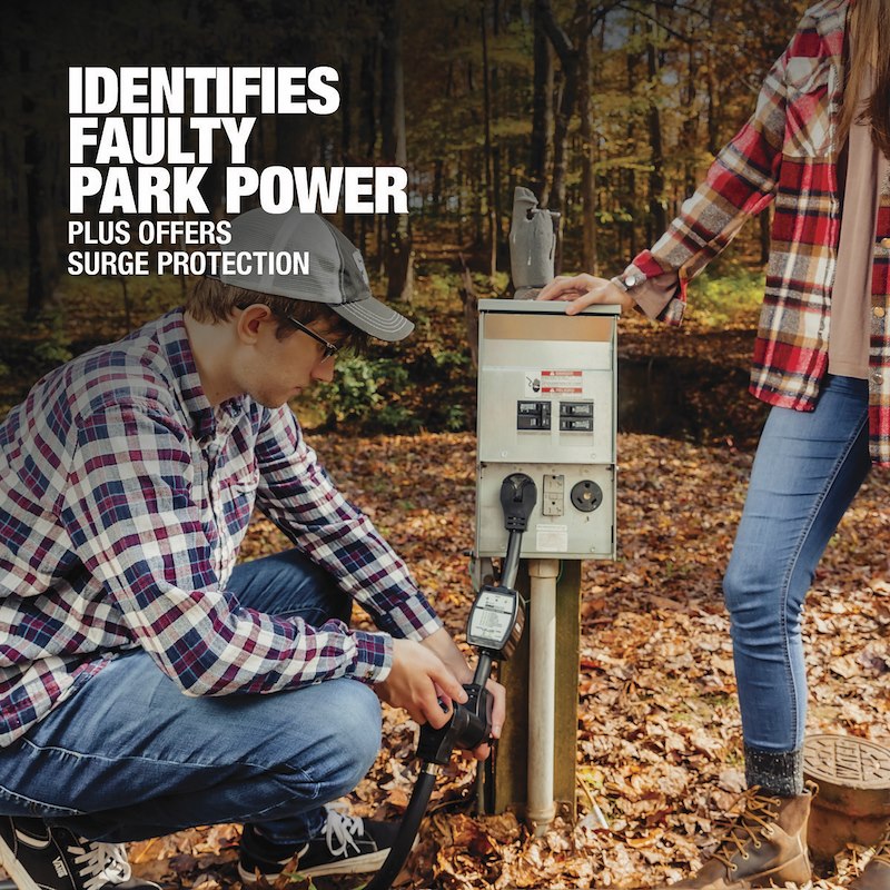 SouthWire Surge Guard plugged into campground pedestal

