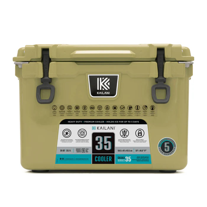 Portable Kailani SHAKA 35 Cooler shown with secure rubber latches and drain plug.