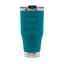 A teal insulated travel tumbler with a clear lid and black flip-top straw cover, shown on a plain white background.