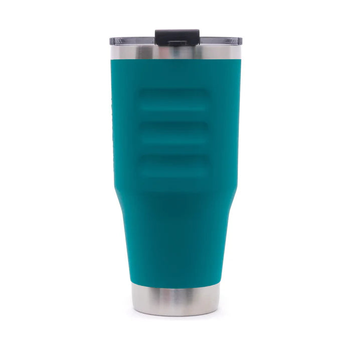 A teal insulated travel tumbler with a clear lid and black flip-top straw cover, shown on a plain white background.