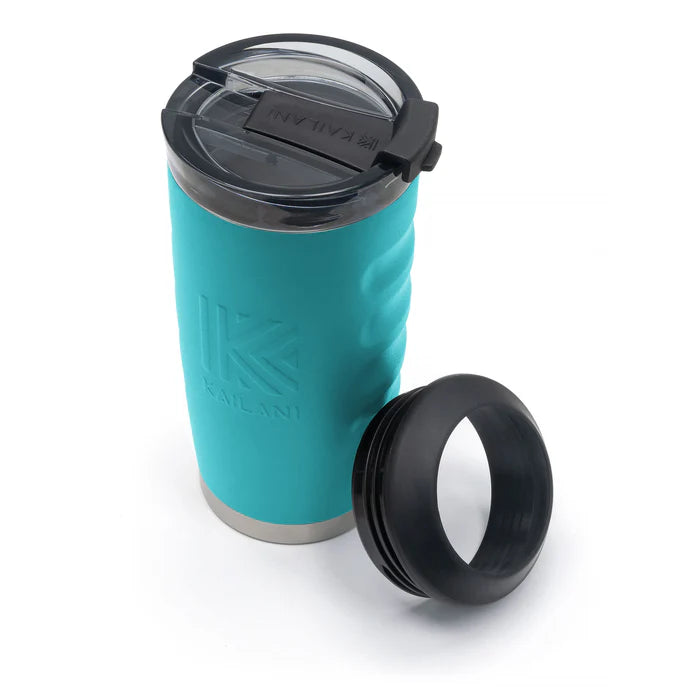 A teal insulated travel tumbler with a black lid and a detached black silicone ring, shown on a clean white background. The brand name 'KAILANI' is embossed on the tumbler and visible on the lid.