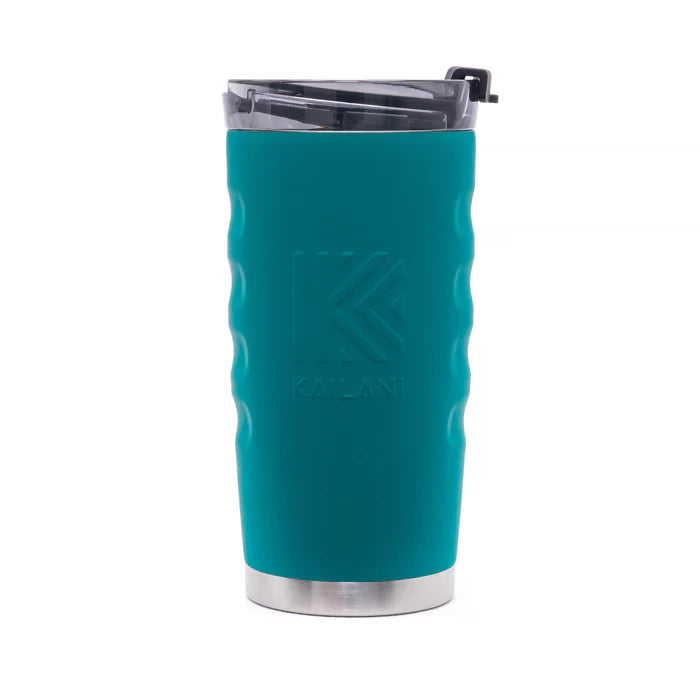 An agave Kailani insulated travel tumbler with a textured wavy grip, a clear lid with a black straw cover, and a stainless steel base, shown on a white background.