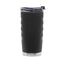 A black insulated travel tumbler with a textured grip, featuring a clear lid with a black flip-straw cover and a silver stainless steel base. The brand name 'KALANI' is embossed on the front.