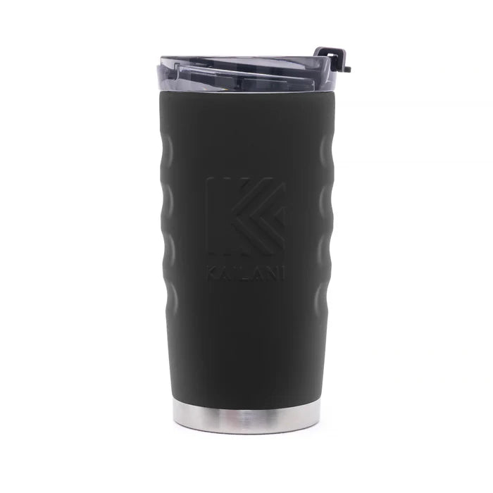 A black insulated travel tumbler with a textured grip, featuring a clear lid with a black flip-straw cover and a silver stainless steel base. The brand name 'KALANI' is embossed on the front.