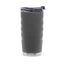 Gray tumbler with a textured surface and visible brand logo on a white background