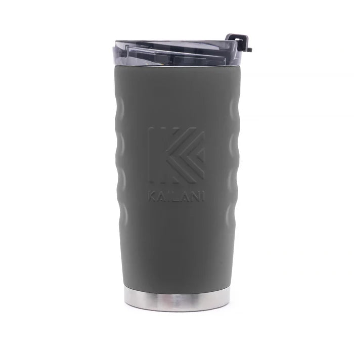 Gray tumbler with a textured surface and visible brand logo on a white background