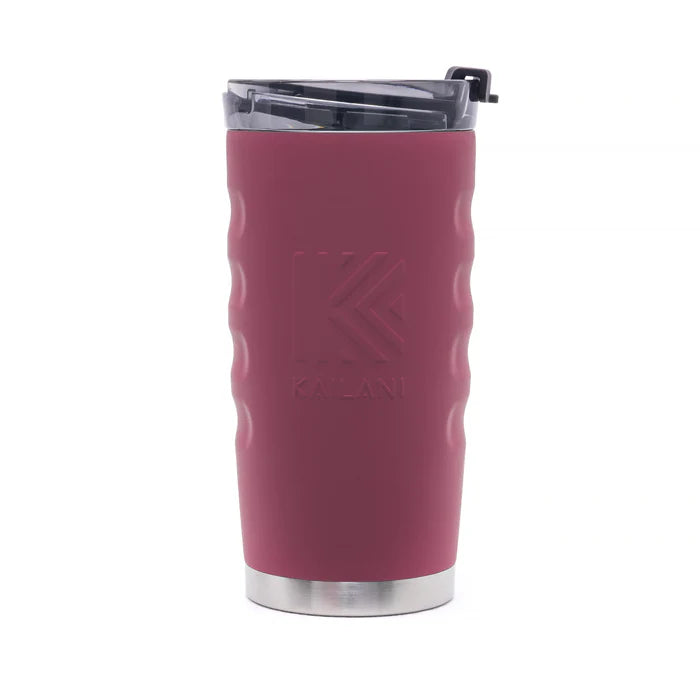 A Kailani travel tumbler with a textured rose pink silicone sleeve, a stainless steel base, and a clear lid with a black straw, shown on a white background.