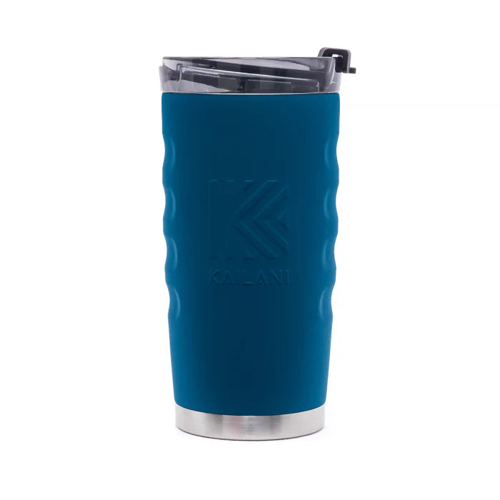 A navy blue Kailani insulated travel tumbler with a textured wavy grip, a stainless steel base, and a clear lid with a black straw cover, shown on a white background.
