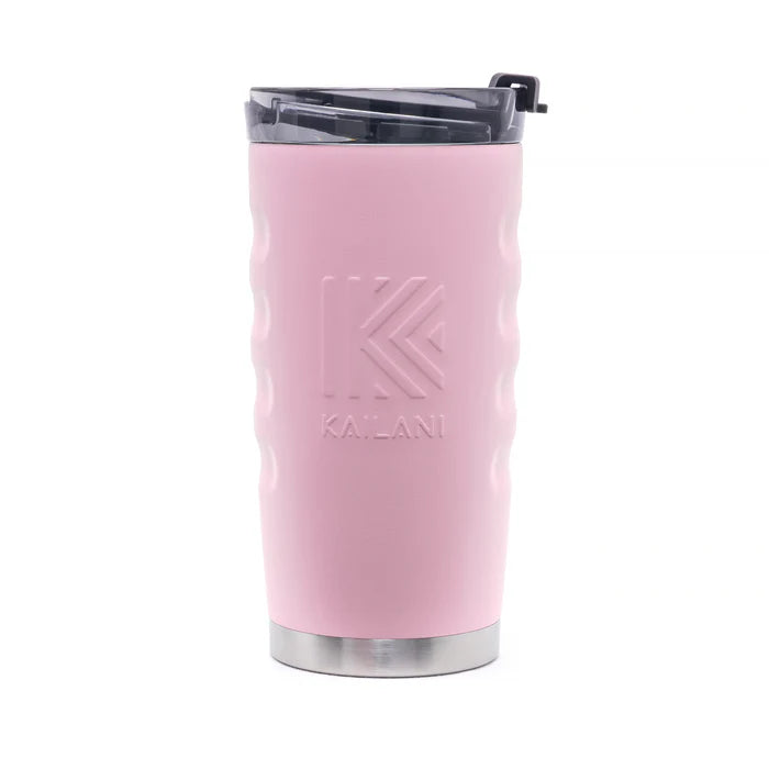 A pink insulated travel tumbler with a wavy grip pattern, featuring an embossed Kailani logo on the front, a stainless steel base, and a clear lid with a black straw cover, shown on a white background.